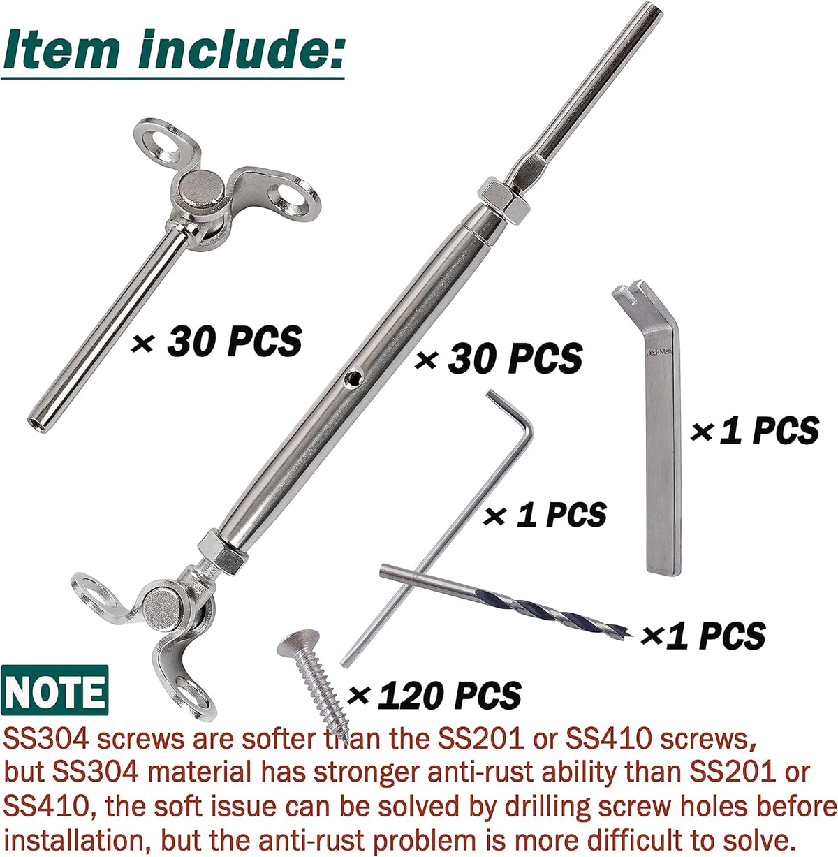 T316-Stainless Steel Adjustable Angle 1/8 Cable Railing Kit/Hardware for Wood Post (30 Pack) W784111