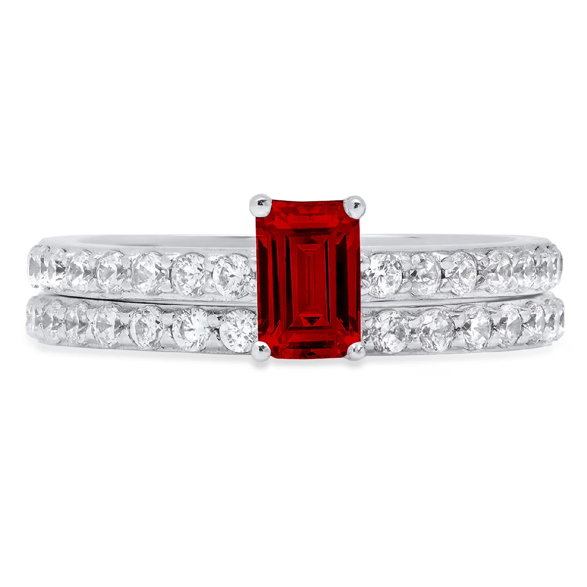 1.16 ct Emerald Cut Natural Garnet 14k White Gold Solitaire Bridal Set SZ 6.25 G64816