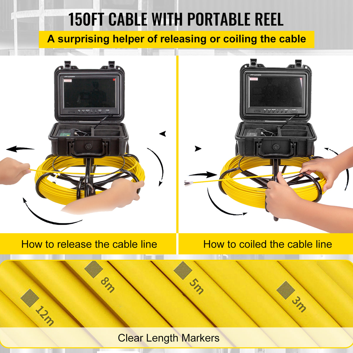 Sewer Camera 150ft/45.6m with 9 in Color LCD Monitor, IP68 Waterproof Pipe Camera W36025