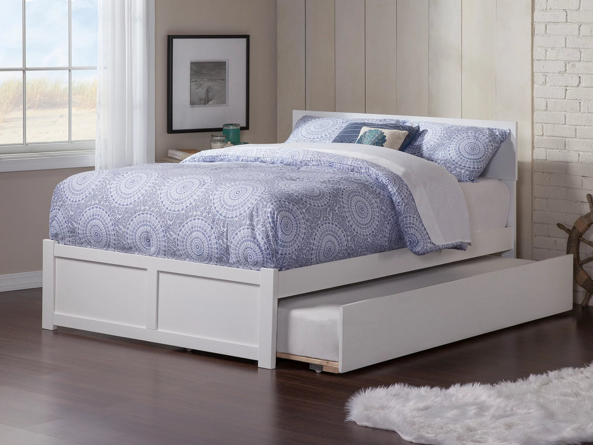 Queen Wood Platform Bed with Headboard Footboard & Twin XL Trundle White R6347