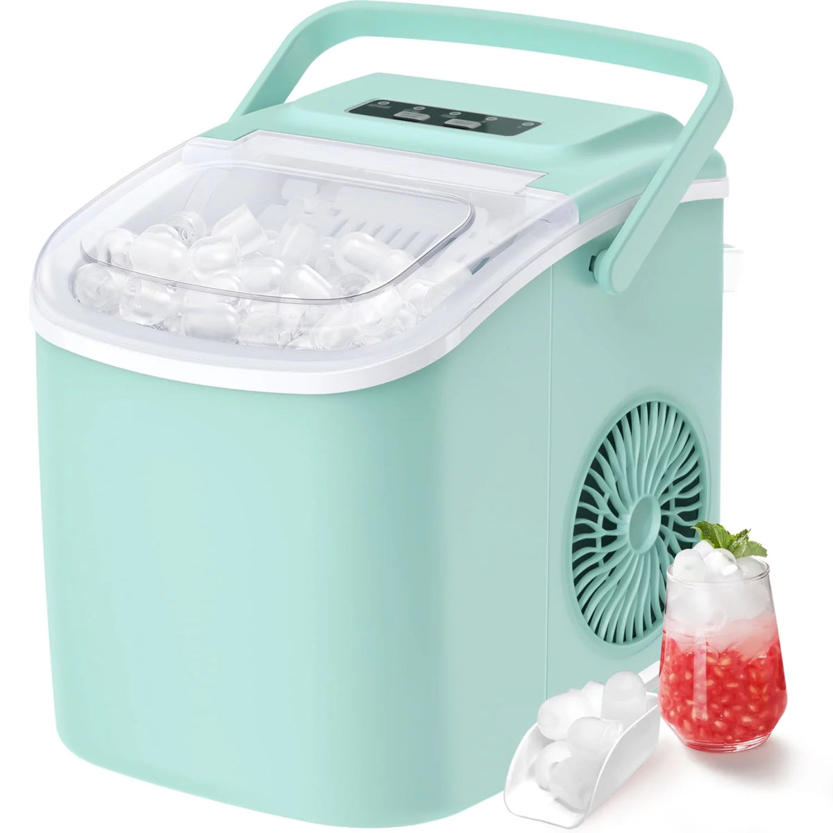 Countertop Ice Maker with Handle, 9 Cubes/6 Mins, 26lbs/24Hrs, Self-Cleaning, Ice Scoop and Basket, 2 Sizes of Bullet Ice, Green H325055
