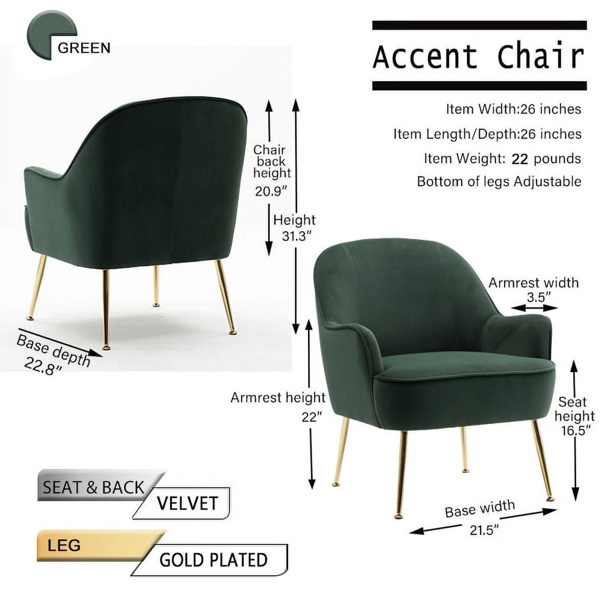 Dark Green Velvet Accent Chair with Gold Legs E731