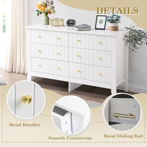 White 6 Drawer Wood Dresser with Metal Handle F425268