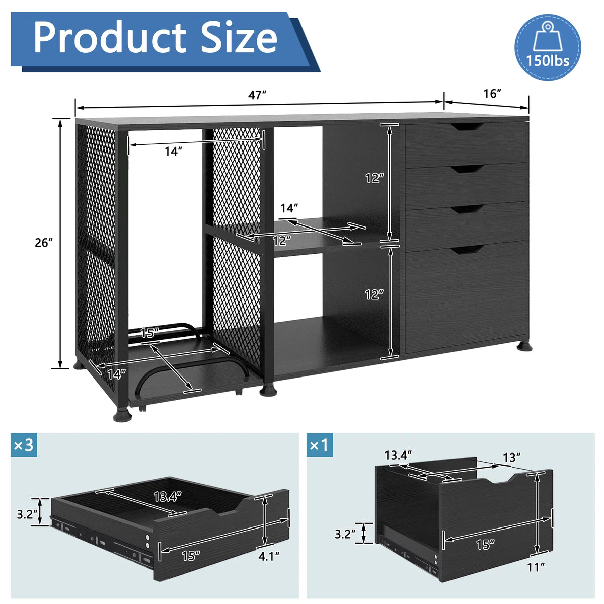 Black 4 Drawer Mobile File Cabinet with 3 Shelves Z331