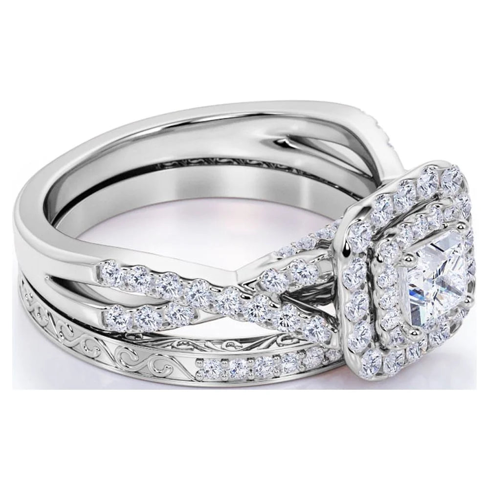 18K White Gold over Silver Moissanite Wedding Ring Set B463