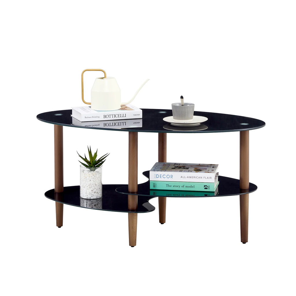 Black Oval Glass Coffee Table with Oak Legs H12446