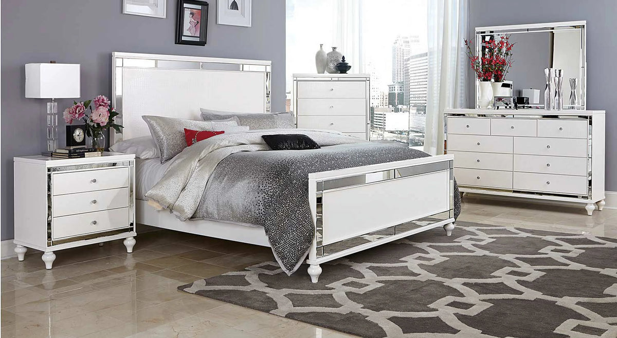 5 Drawer Chest in White Embossed Alligator & Mirror C986612