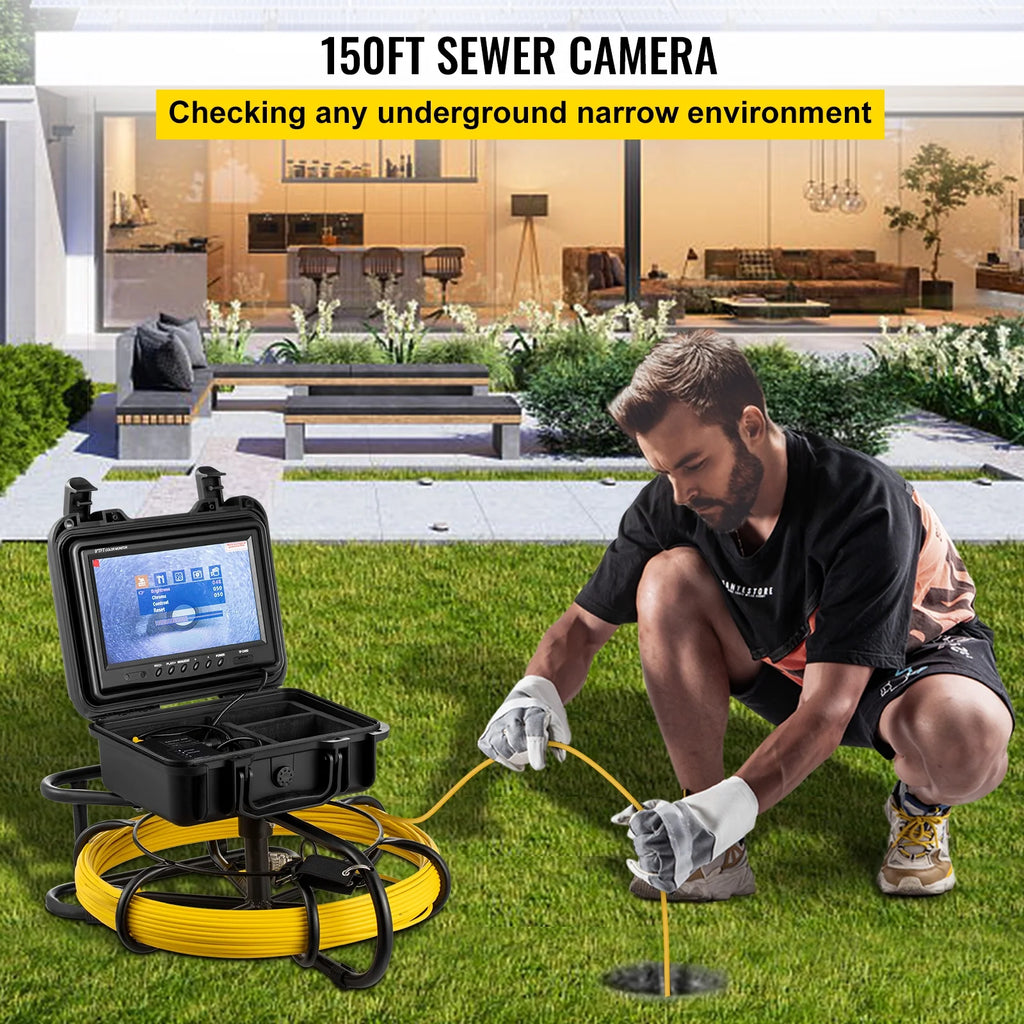 Sewer Camera 150ft/45.6m with 9 in Color LCD Monitor, IP68 Waterproof Pipe Camera W36025